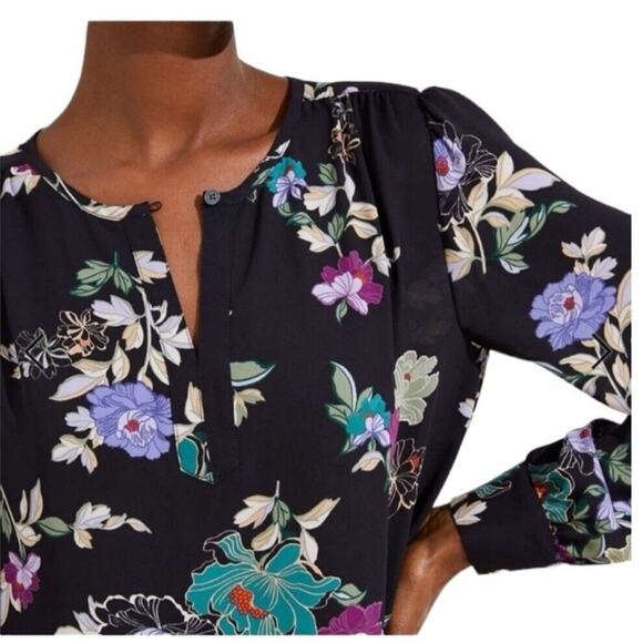 Ann Taylor LOFT Floral Keyhole Tunic Blouse Top Size Small Multicolor Black - Picture 3 of 10